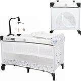 Patut pliant cu doua nivele, Safari, 120x60 cm, Cu carusel cu 3 jucarii, Masuta de infasat, 2 Roti, Cu buzunar lateral, Cu intrare laterala cu fermoar, FreeON, White-Black