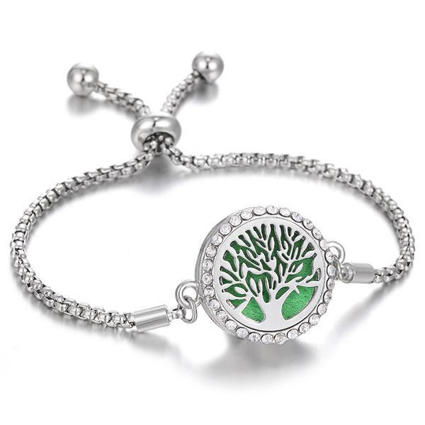 Set Bratara tip difuzor si 10 discuri fetru, aromaterapie sau parfum, Tree of Life, argintiu