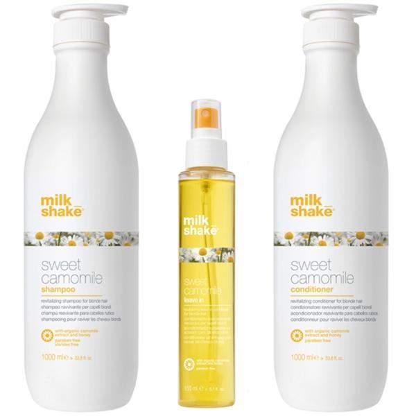 Set pentru par blond, Milk Shake, Swet Camomile, Sampon 1000ml + Balsam 1000ml + Leave In 150ml 1000ml imagine pret reduceri