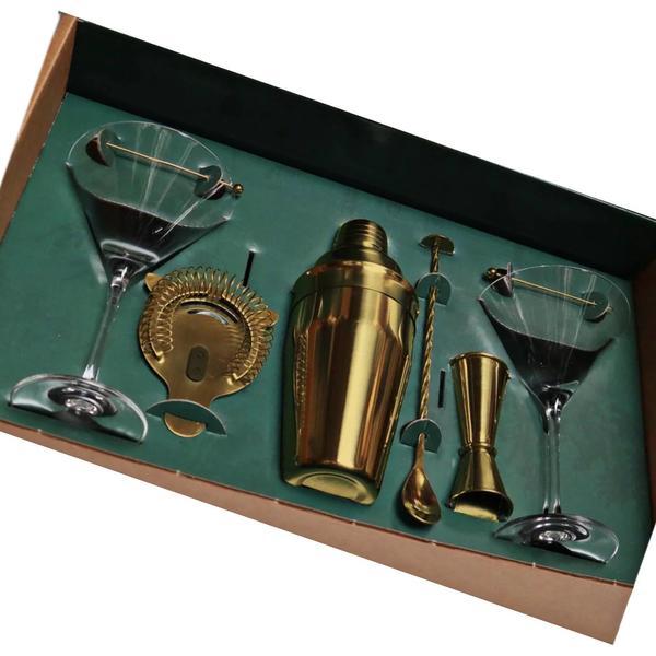Set cocktail 6 piese, shaker din otel inoxidabil gold, 2 pahare martini