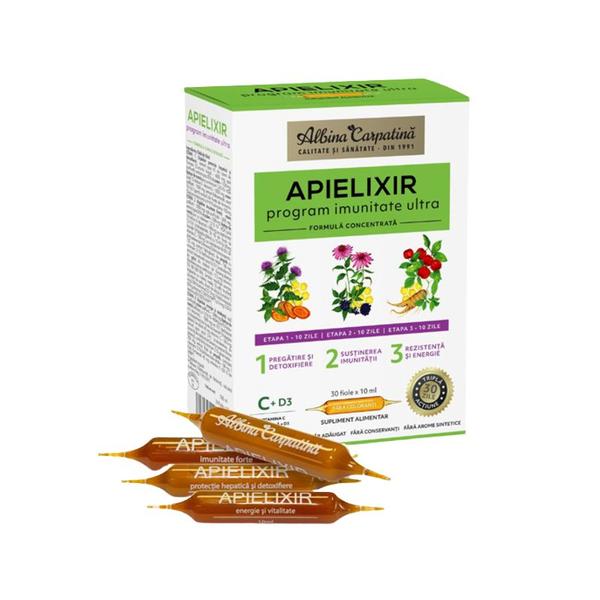 Apielixir program imunitate ultra albina carpatina - apicola pastoral georgescu, 30 fiole x 10 ml