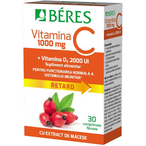 Vitamina C 1000 mg Retard + Vitamina D3 2000 UI - Beres cu Extract de Macese, 30 comprimate