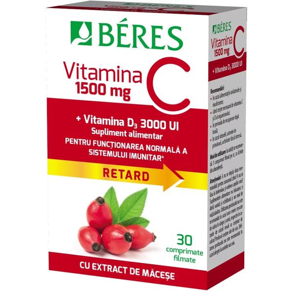 Vitamina C 1500 mg Retard + Vitamina D3 3000 UI - Beres cu Extract de Macese, 30 comprimate