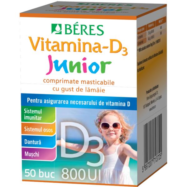 Vitamina D3 800 UI - Beres Junior Comprimate Masticabile cu Gust de Lamaie, 50 buc