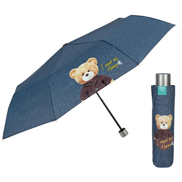Mini umbrela ploaie pliabila model denim albastru teddy bear