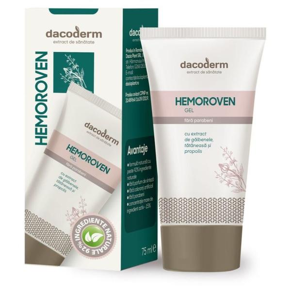 Gel Hemoroven Dacoderm - Dacia Plant, cu Extract de Galbenele, Tataneasa si Propolis, fara parabeni, 75 ml