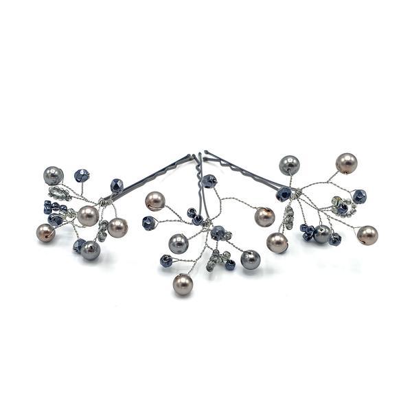 Set agrafe par cu perle si cristale argintiu inchis, 3 bucati, Zia Fashion