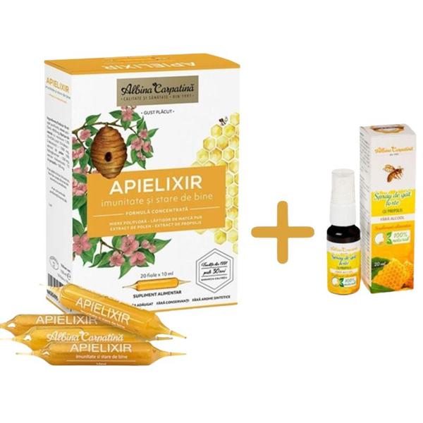 Pachet - Apielixir Fiole, 20 x 10 ml + ApiJunior Spray de Gat, 20 ml, Albina Carpatina