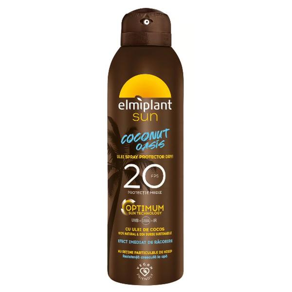 Ulei spray protector cu ulei de cocos - elmiplant sun coconut oasis spray protector dry optimum sun technology, fps 20, rezistenta crescuta la apa, 150 ml