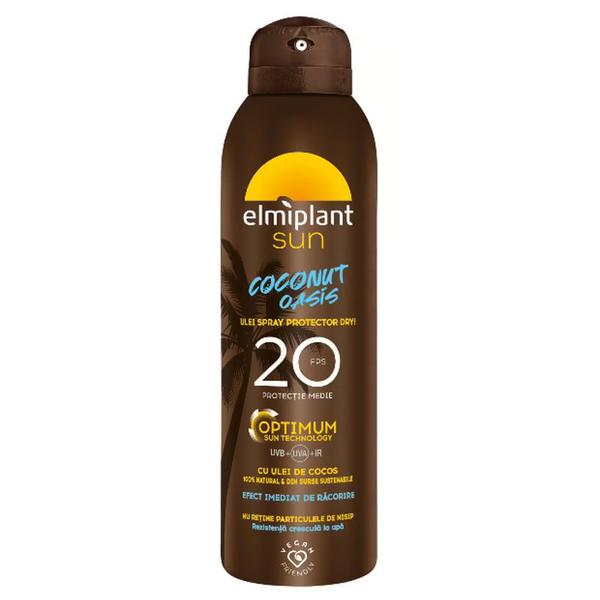 Ulei Spray Protector cu Ulei de Cocos - Elmiplant Sun Coconut Oasis Spray Protector Dry Optimum Sun Technology, FPS 20, Rezistenta Crescuta la Apa, 150 ml