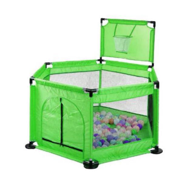 Tarc copii cu cos de baschet si 50 bile colorate, Loc de joaca cu usa laterala, Verde, Metal, Protectii de plastic, Interior - Exterior
