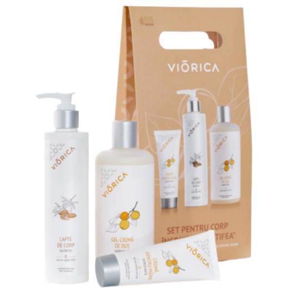 Set cadou pentru corp - ingrijire de catifea - lapte de corp, 250 ml, crema de maini, 75 ml, gel de dus, 500 ml