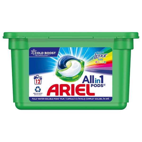 Detergent Automat Gel Capsule pentru Rufe Colorate - Ariel All in 1 Pods Touch of Lenor Fresh Color, 12 buc