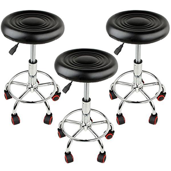 Set 3 bucati - Scaun hidraulic cu roti, Negru, Taburet rotativ, Pentru salon, Cosmetica, Manichiura, Pedichiura, Frizerie, Coafor, Piele ecologica, Cu suport  pentru picioare