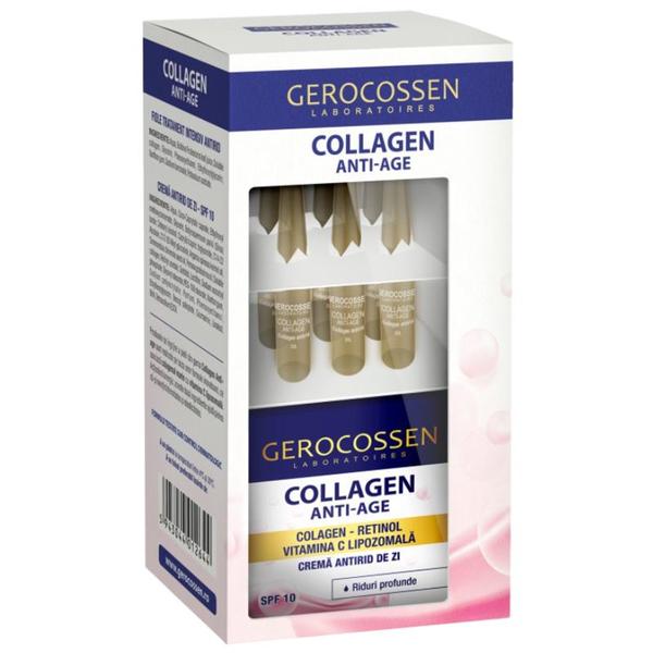Set Collagen Anti-Age - Fiole cu Ser, 6 fiole x 2 ml si Crema Antirid de Zi cu SPF 10, 50 ml, Gerocossen, 1 pachet