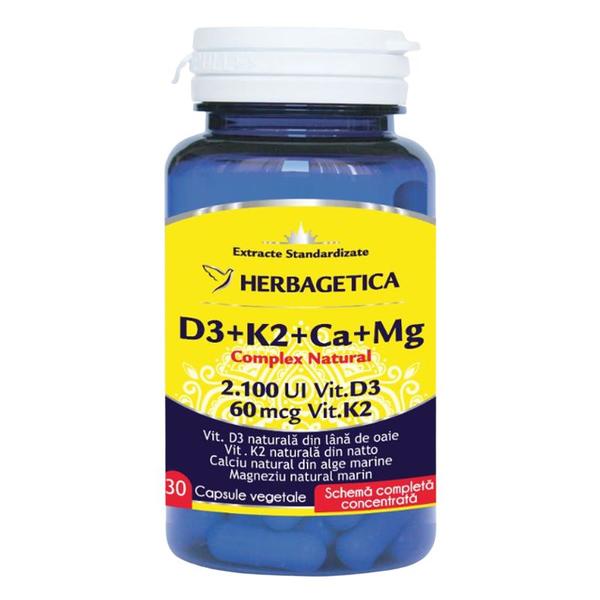 Complex Natural cu Vitamina D3, Vitamina K2, Calciu si Magneziu Herbagetica, 30 capsule
