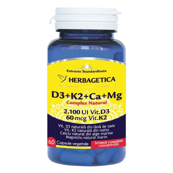 Complex Natural cu Vitamina D3, Vitamina K2, Calciu si Magneziu Herbagetica, 60 capsule