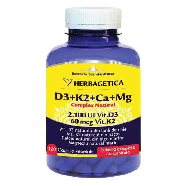 Complex Natural cu Vitamina D3, Vitamina K2, Calciu si Magneziu Herbagetica, 120 capsule