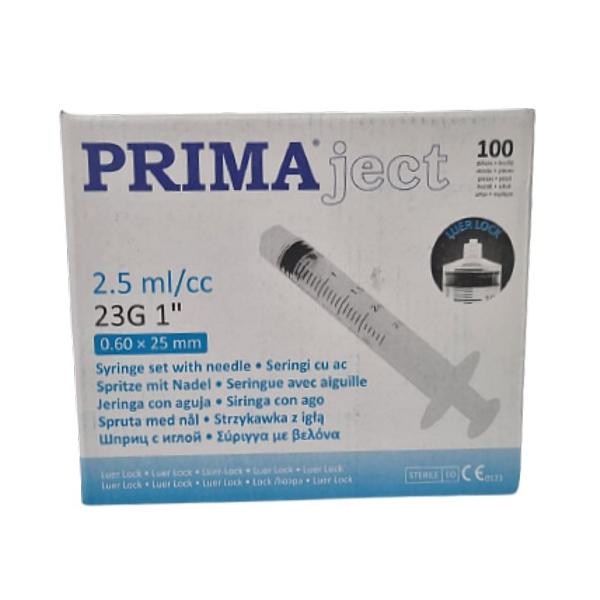 Seringi Unica Folosinta Prima, 2/2.5ml, ac 23G, 1&#039; (0.6 x 25mm), albastru, Luer Lock, piston cauciuc, sterile, 100 buc