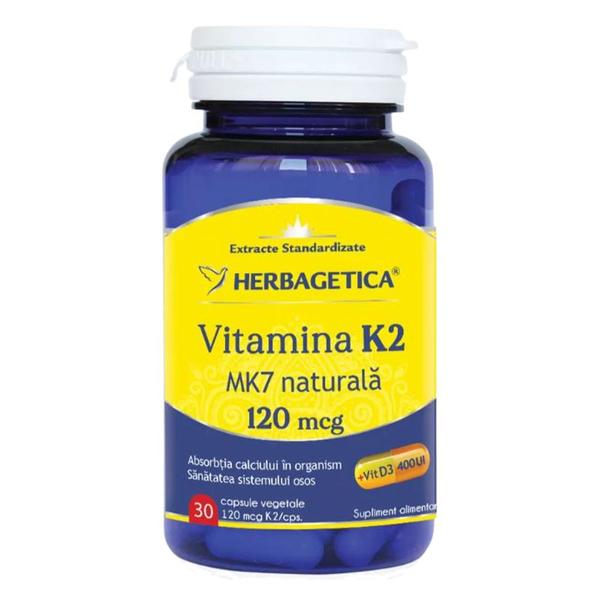 Vitamina K2 MK7 Naturala 120 mg Herbagetica, 30 capsule vegetale