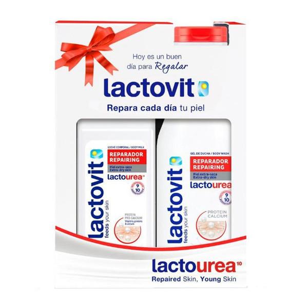 Set gel de dus reparator pentru piele foarte uscata, 600 ml + lapte de corp reparator pentru piele foarte uscata, 400 ml - lactovit feeds your skin lactourea