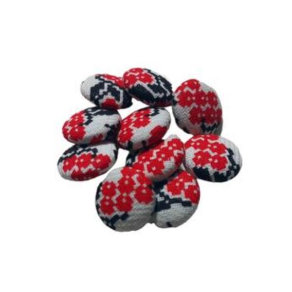 Set 10 nasturi metalici cu picior rotunzi, imbracati in bumbac cu motive traditionale 1.5 cm marimea 28