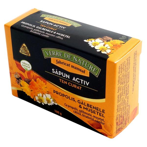 Sapun Activ cu Propolis, Galbenele si Musetel pentru Ten Curat Verde de Nature, Manicos, 100 g