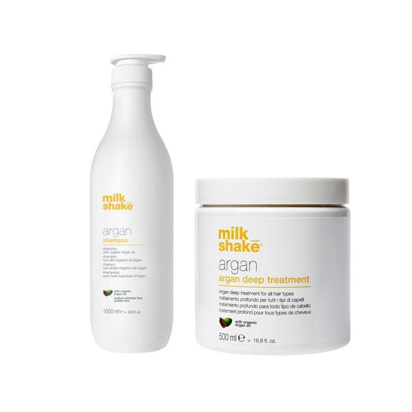 Pachet cu Ulei de Argan pentru Toate Tipurile de Par - Milk Shake Argan: Sampon Milk Shake Argan Shampoo, 1000 ml + Masca Milk Shake Argan Deep Treatment, 500 ml