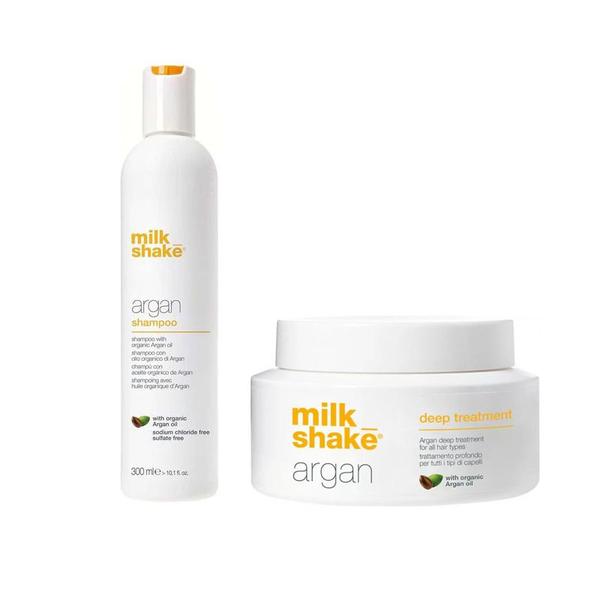 Pachet cu Ulei de Argan pentru Toate Tipurile de Par - Milk Shake Argan: Sampon Milk Shake Argan Shampoo, 300 ml + Masca Milk Shake Argan Deep Treatment, 200 ml