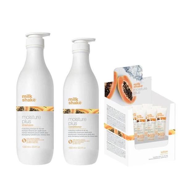 Pachet Hidratant pentru Par Uscat - Milk Shake Moisture Plus: Sampon Milk Shake Moisture Plus, 1000 ml + Balsam Milk Shake Moisture Plus, 1000 ml + Lotiune Milk Shake Moisture Plus, 12 fiole x 12 ml