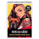 Carte de colorat pentru adulti, 50 de ilustratii, Anime Girls with Dogs, 106 pagini