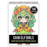 Carte de colorat pentru adulti, 50 de ilustratii Chibi Elf Girls, 106 pagini