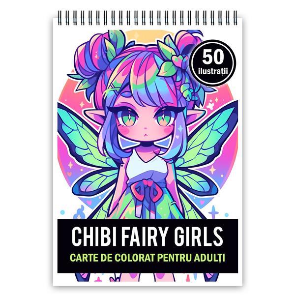 Carte de colorat pentru adulti, 50 de ilustratii Chibi Fairy Girls, 106 pagini