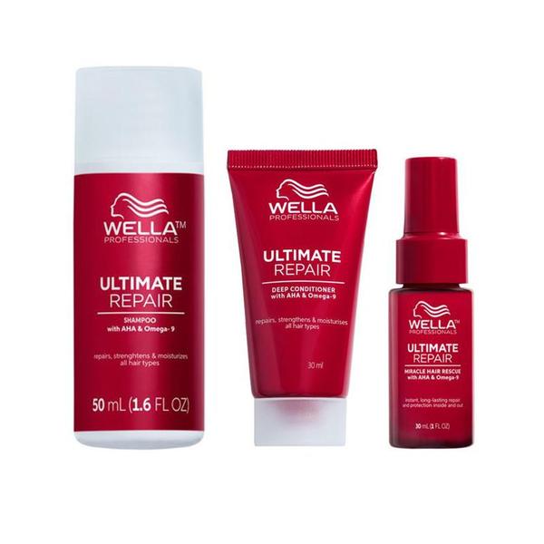 Pachet Reparator pentru Par Deteriorat - Wella Professionals Ultimate Repair: Sampon Ultimate Repair Shampoo Mini, 50 ml + Balsam Deep Conditioner Mini, 30 ml + Ser Reparator Miracle Rescue, 30 ml