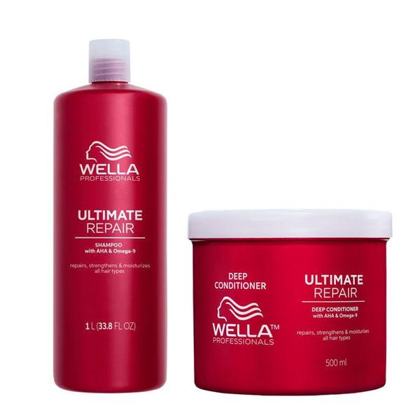 Pachet Reparator pentru Par Deteriorat - Wella Professionals Ultimate Repair: Sampon Ultimate Repair Shampoo, 1000 ml + Balsam Ultimate Repair Deep Conditioner, 500 ml