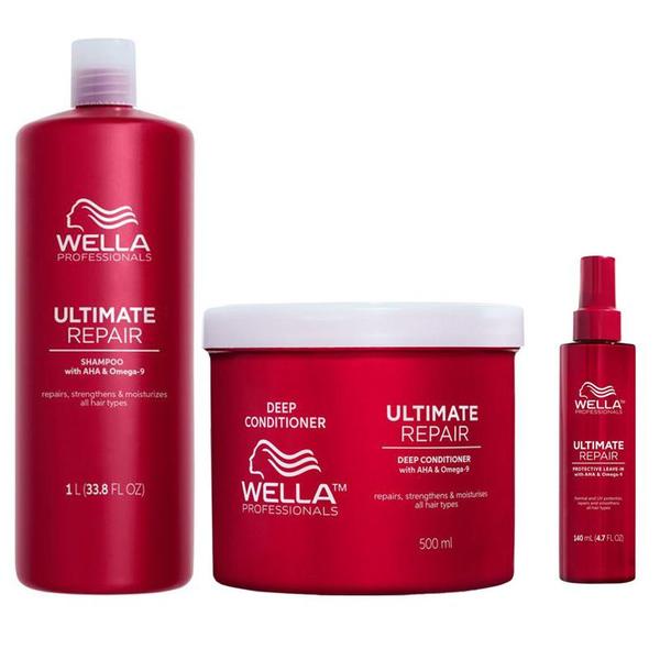 Pachet Reparator pentru Par Deteriorat - Wella Professionals Ultimate Repair: Sampon Ultimate Repair Shampoo, 1000 ml + Balsam Deep Conditioner, 500 ml + Crema Fara Clatire Leave-In, 140 ml