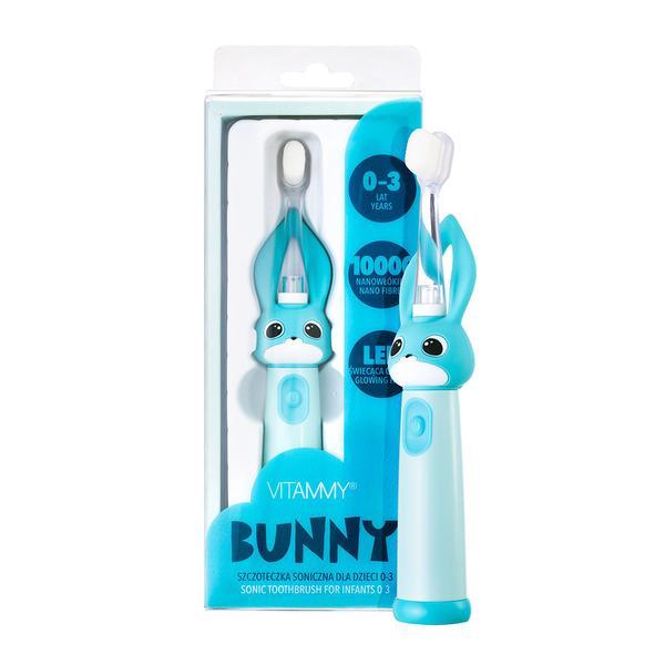 Periuta de dinti electrica Vitammy Bunny Light Blue, pentru copii 0-3 ani, cu lumina LED si efecte sonore, 24.000 de miscari sonice/min, 2 programe de periaj, fibre nano