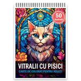 Carte de colorat, 50 de ilustratii, Vitralii cu Pisici, 106 pagini