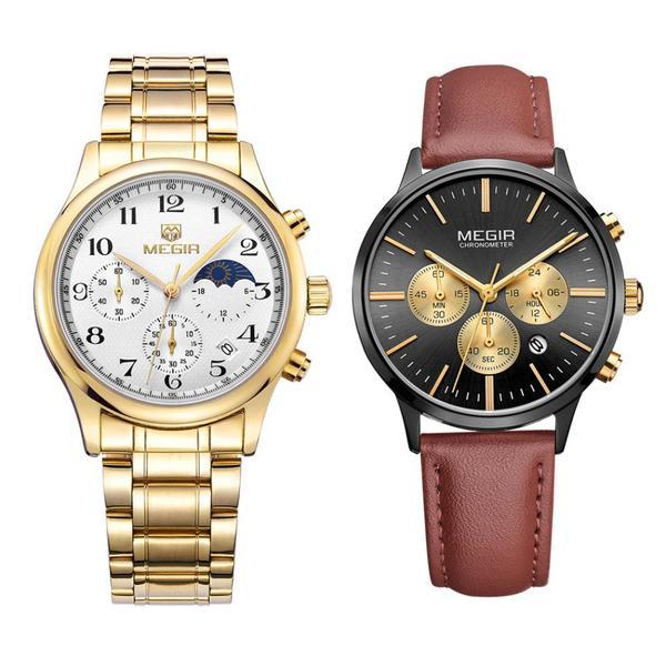 Set ceas barbatesc + ceas dama Megir rezistent la apa 3Bar mecanism Quartz calendar complet afisaj analogic stil Fashion + cutie cadou