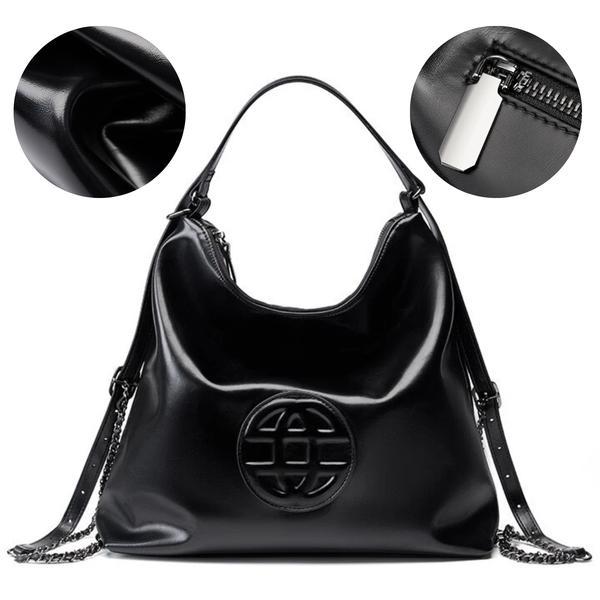 Geanta dama eleganta din 100% piele naturala, Boutique Deluxe, model geometric in relief, accesorii argintii, bretea reglabila, spatiu generos, ideala pentru tinute casual sau office, negru
