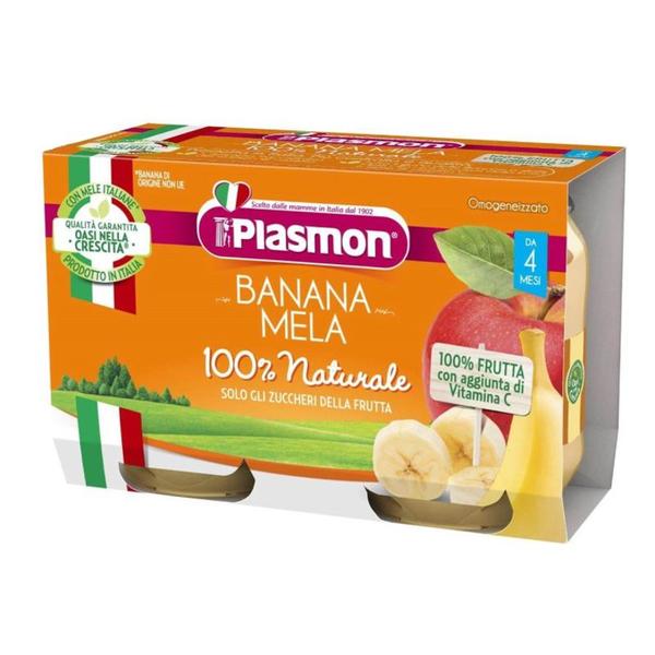 Piure Banane si Mere 100% Natural - Plasmon, 4 luni+, 2 x 104 g