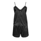 Set Pijama Satinata, Neagra cu Dungi & Dantela, pentru Femei