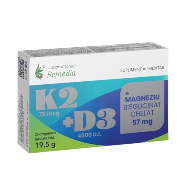 K2 +D3 + Magneziu Bisglicinat Chelat - Remedia, 30 comprimate