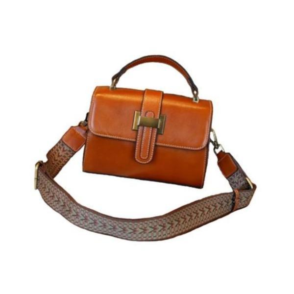 Geanta dama crossbody mica, retro, din piele naturala, cu catarama, model korean, Maro deschis