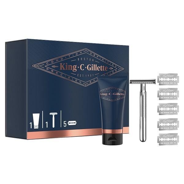 Set Cadou pentru stilizare King C. Gillette: Aparat de ras cu margine dubla + 5 Lame de rezerva + Gel de ras transparent, 150 ml