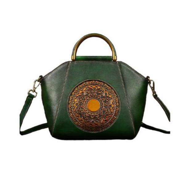 Geanta dama, marime medie, design modern, piele naturala, cu model in relief, 30x31x15cm, Verde inchis