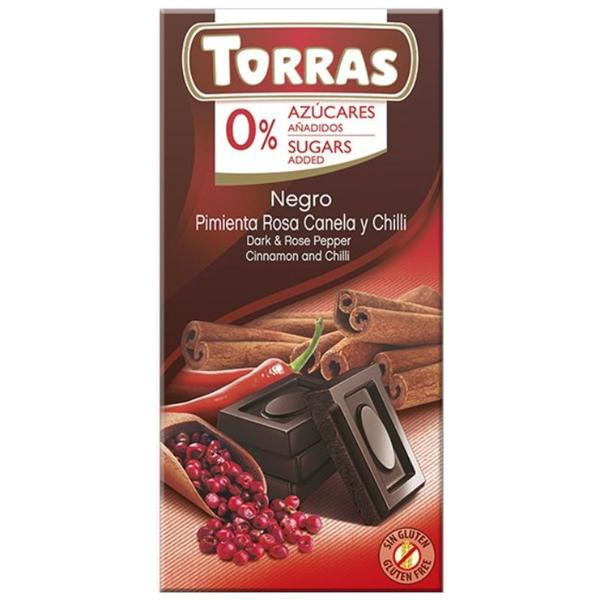 Ciocolata Neagra cu Piper Roz, Scortisoara si Chili - Torras, fara zahar, fara gluten, 75 g