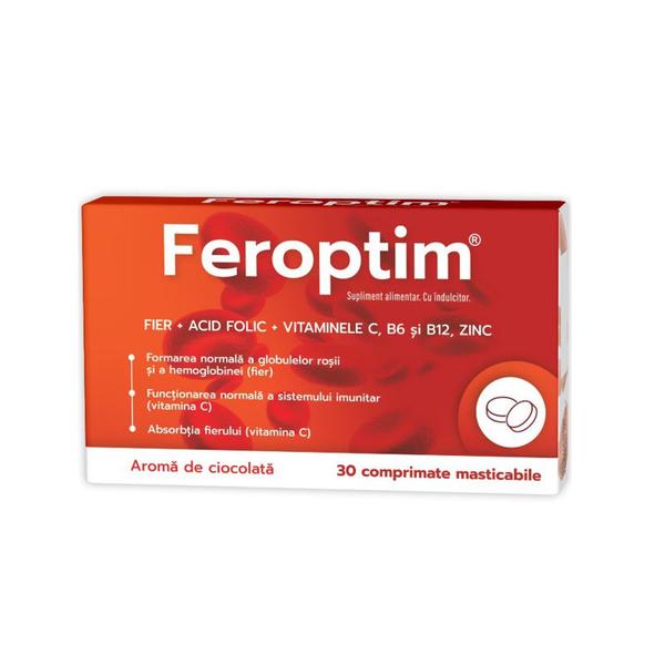 Feroptim Fier, Acid Folic, Vitaminele C, B6, B12, Zinc cu Aroma de Ciocolata - Zdrovit, 30 comprimate masticabile