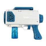 Pistol de Facut Baloane Bubble Gun Teno®, tip Bazooka, automat, 10 orificii pentru bule, 2 rezerve incluse, alimentare cu baterii, alb/albastru