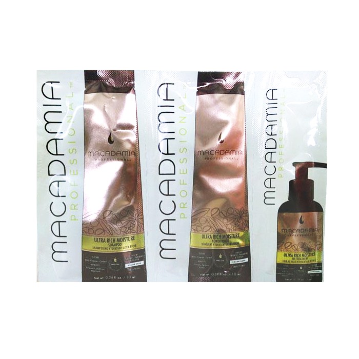 Pachet Hidratant pentru Bucle - Macadamia Ultra Rich Moisture Trio Foil Pack: sampon (10ml), balsam par (10ml), ulei tratament (5ml)